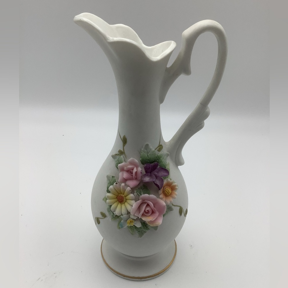 Lefton China Japan Pitcher Vase with 3D Flowers